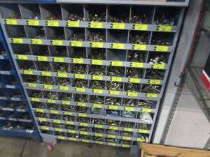 lot 202 image: 80-Compartment Bolt Bin full of Nuts, Bolts, Washers - Mostly Grade 8