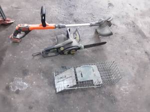 lot 110 image: Black & Decker Weed Whip, ChainSaw and Live Trap