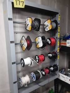 lot 177 image: Kimball Midwest Wire Rack & Spools Of Copper 10,12,14,16 Gauge, 16 2 Conductor Wire