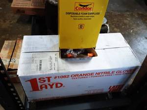 lot 241 image: NEW case of 10 boxes of 100ea 1st ayd #1082 Orange Nitrile Gloves size L and box of 200pr 32db ear plugs