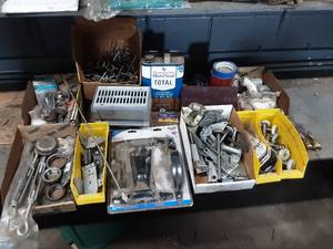 lot 327 image: Wood Stain, Garage Door Rollers, Hinges, Peg Board Pegs and More.