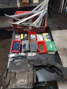lot 343 image: Shelf Brackets, Tool Belt with Suspenders, Plastic Tool Box with Variety of Fasteners