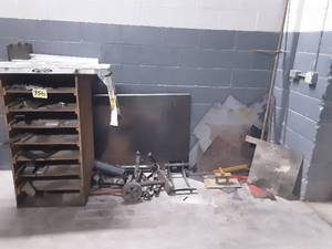 lot 356 image: Assortment of Steel, Wood Shelf, Broken Aluminum Step Bench