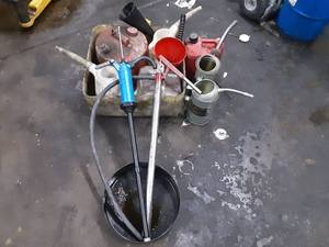 lot 371 image: Assortment of Funnel Cans, Gas Cans, Hand Pumps and Drain Pans