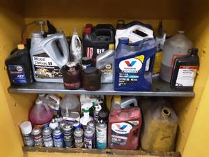 lot 373 image: Assortment of Shop Chemicals ( Oil, Cleaner, Starting Fluid, Paint and More)Some old, Some new
