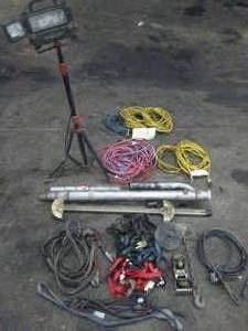 lot 376 image: Shop Light on Stand, 3 Extension Cords, Lock Cables, Ratchet Straps and More