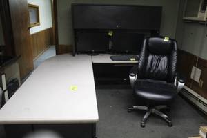 lot 412 image: 4 Piece L-Shape Desk Office Desk and Chair - This Item Is Upstairs. Buyer Is Responsible For Load Out. Bring Help.