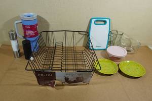 Assorted Kitchen -Dish Rack, Salt Grinder, Plates, Glassware, Cutting Board