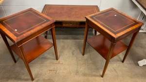 lot 36 image: 3pc. Set Vintage 1930s Leather Top Coffee Tap & Matching End Tables