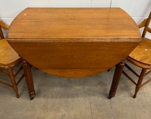 lot 35 image: Antique Oval Oak Drop Leaf Table w 2 Wood Armchairs