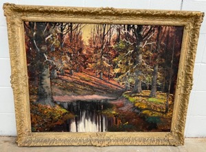 lot 43 image: Woodsy Stream Original Oil Painting, Unsigned
