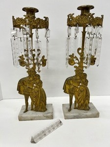 lot 69 image: Pair of Antique French Couple Bronze Girandole Candelabra w Crystal Prisms