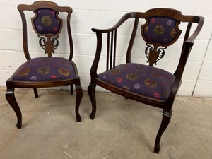lot 128 image: Pair of Antique Carved Wood & Fabric Chairs