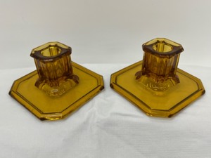 lot 26 image: Vintage Pair of Amber Glass Candlesticks