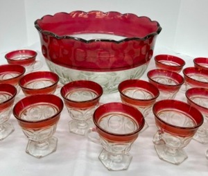 lot 24 image: INDIANA GLASS Lexington Cranberry Thumbprint Punch Bowl & 20 Cups