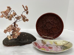 lot 235 image: Vintage Asian Collectible Dishes including Cinnabar & Bonsai Tree