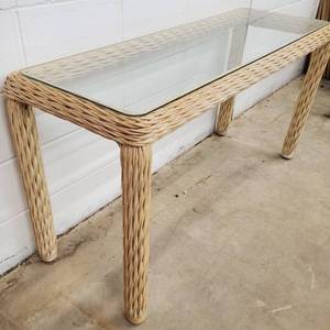 lot 213 image: Vintage Boho Chic Woven Rattan Console or Entry Table
