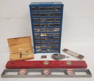 lot 295 image: LS STARRETT Micrometer, Metal Hardware Cabinet & Measuring Tools