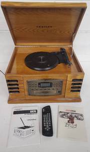 lot 308 image: CROSLEY 4 in 1 Entertainment Center in Wood Case