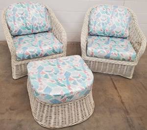 lot 258 image: 2 Vintage White Wicker Armchairs wOttoman