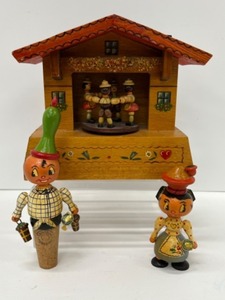 lot 385 image: Wooden Music Box, Wooden Figural Cork Stopper and Wooden Doll