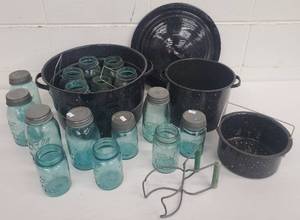 lot 325 image: Enamel Canning Pots wBlue Canning Jars