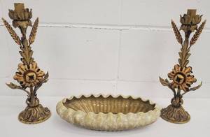 lot 396 image: Vintage Metal Candlesticks & Console Planter