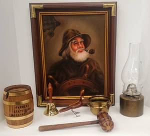 lot 403 image: Vintage Sea Captain Painting wWood & Brass Collectibles