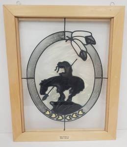 lot 417 image: Galloping Cowboy on Horse Framed Stained Glass