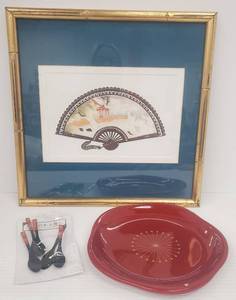 lot 419 image: Framed Authentic Asian Fan & Plate wTeaspoons