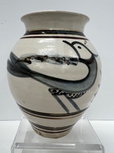 lot 424 image: Studio Pottery Vase Stylized Bird Pattern Artist Signed Blues & Browns