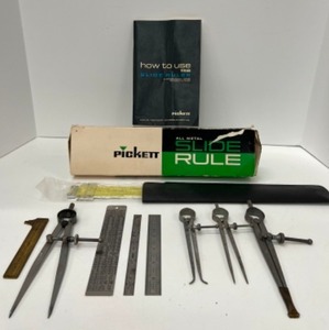 lot 434 image: Vintage Slide Ruler, Metal Rulers and Compass Tools Architectural Engineering