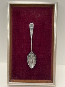 lot 448 image: Vintage Silver TEABERRY SPOON 150 Year old Collectible Mounted & Frame