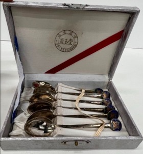 lot 449 image: Vintage Silver Tea Spoons With Enameled Korean Temple Logo In original Box