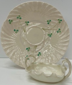 lot 452 image: Vintage BELEEK Shamrock Plate & Beleek Willets Ruffled Twig Serving dish