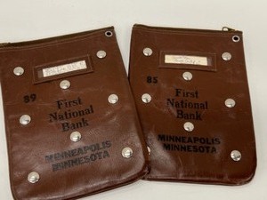 lot 453 image: Vintage Studded Brown Leather BANK BAGS Unusual Rare