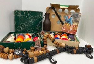 lot 469 image: Vintage Billiards 2 Pool Ball Sets, Triangle, Score Keeper, Shaker Bottle with Numbers & Book