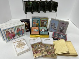 lot 474 image: Vintage Lot of Playing Cards, Tally Tablets, Card Holders & Marbled Poker Chip Holder