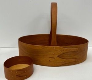 lot 479 image: Vintage RJ MOORE Shaker Shop Cherry Basket & Small Signed Round Basket