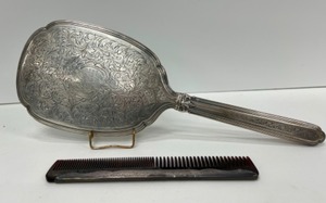 lot 343 image: Vintage Sterling Silver Vanity Mirror and Silver Overlay Comb
