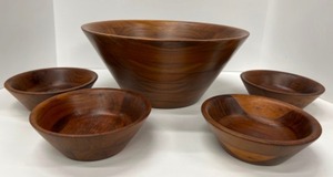 lot 348 image: Set of 5 Mid Century Burl Walnut Wood Salad Bowl