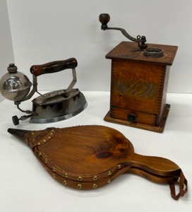 lot 369 image: Vintage Coffee Grinder, Bellows and Iron