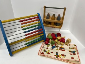 lot 381 image: Vintage Wooden Erector Set, Abacus and Juice Bottles with Caddy