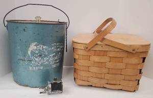 lot 494 image: Primitive Minnow Bucket wVintage Reel & Lunch Basket