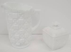 lot 510 image: Vintage 1950s Westmoreland Milk Glass Pitcher & Candy Dish