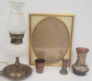 lot 565 image: Vintage Milk Glass Lamp, Picture Frame & Metal Holders