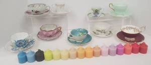 lot 509 image: 9 Vintage Tea Cups and Saucers wPartylite Candles