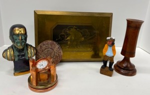 lot 535 image: Vintage Metal & Wood Brass Etched Ship Box, Solid Brass Bust, Carved Sailor & More