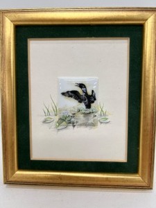 lot 548 image: Vintage Herend Hand painted Loon Miniature Tile Framed Picture Matting