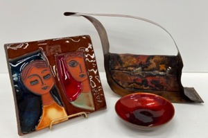 lot 520 image: Modernist Artists YAIR Tile Faces, Copper Shelf & Enameled Small Trinket Bowl